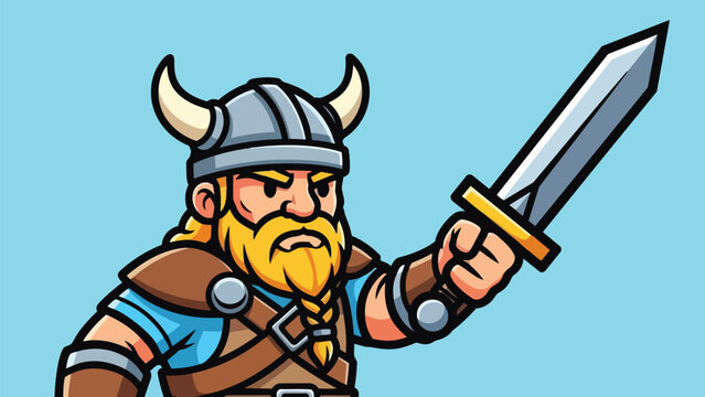 Cartoon Viking Warrior with Sword Ready for Battle.