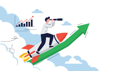 Obraz premium Entrepreneur uses telescope while riding rocket ship following green upward arrow to represent business startup launch and future growth.