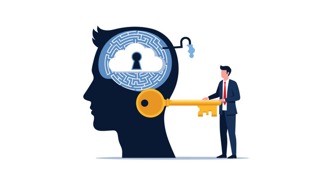 Professional man uses golden key to unlock mental potential within giant human head featuring brain maze and cloud storage symbols.