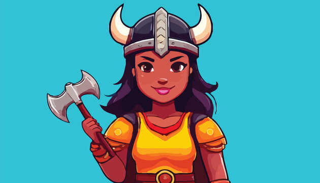 Cartoon Viking Woman Warrior with Axe and Horned Helmet.