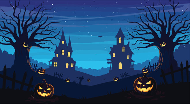 Spooky halloween night scene features haunted houses, carved glowing pumpkins, and silhouette trees under dark blue starry moonlight sky.