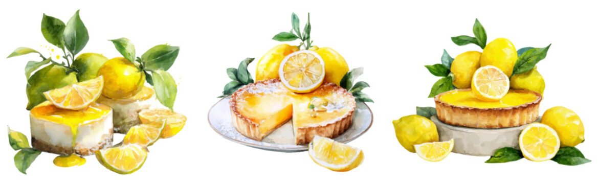 Watercolor illustration depicting various tangy lemon desserts, with lemon tarts and cheesecakes surrounded by fresh yellow lemons and green leaves, conveying a sense of fresh sweetness