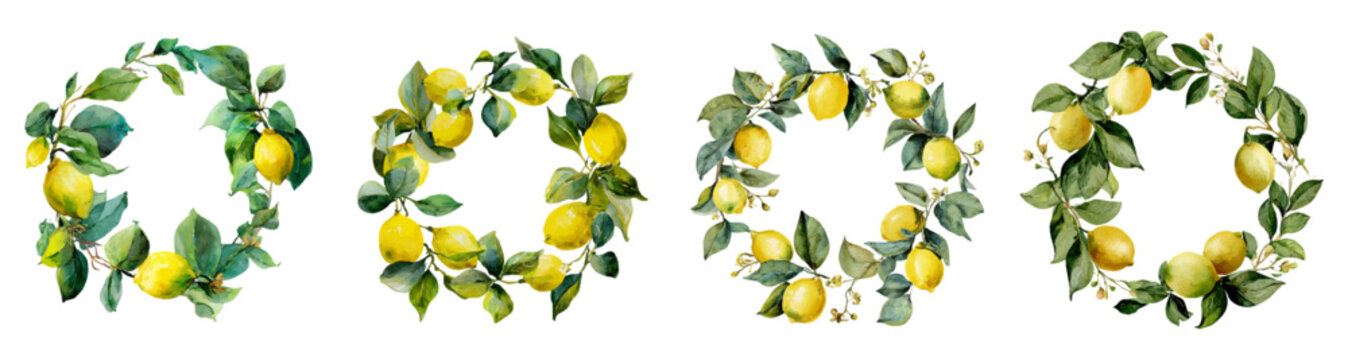 Watercolor lemon wreaths set with lush green foliage, fresh yellow citrus fruits, and botanical elements, perfect for rustic decor, summer designs, and natural themes