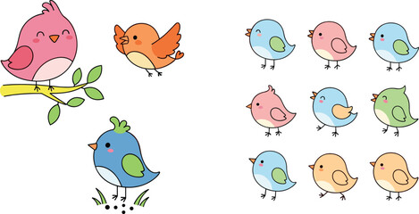 Adorable Cute Cartoon Baby Bird Collection with Colorful Characters Sitting on Branch and Flying Isolated on White Background © MdImran