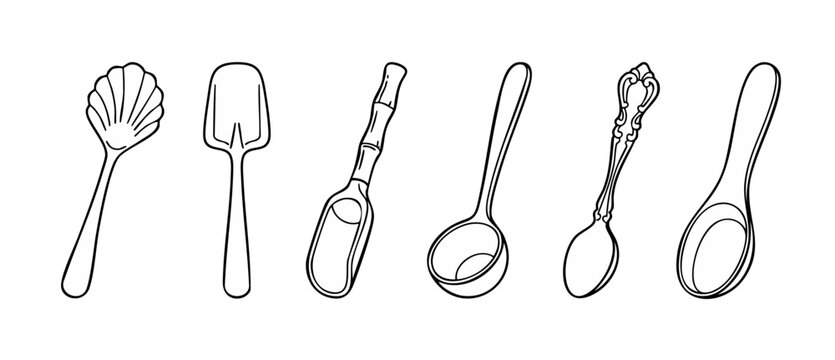 Spoons set collection line art drawings, diverse kitchen utensil icons, isolated black outline silhouettes on white background for menu design, culinary concept illustrations for food and dining graph