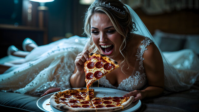 Bride in expensive wedding dress eating greasy pepperoni pizza at two am exhausted but happy sitting with shoes off barefoot generative AI