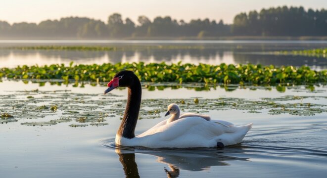 A black necked swan swimming with its baby chick on its back