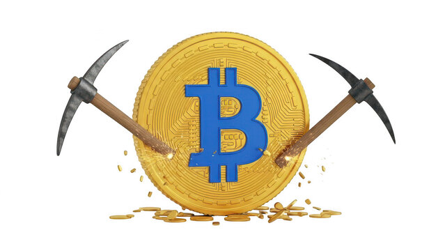Gold bitcoin coin with crossed mining pickaxes symbolizing mining