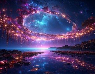 Fototapeta premium Vibrant cosmic landscape with glowing aurora and serene water