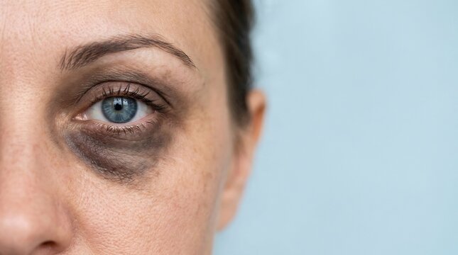 Close-up of a blue eye with dark circles and under-eye bags on a person's face