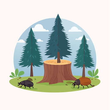 Forest scene with beetles and tree stump
