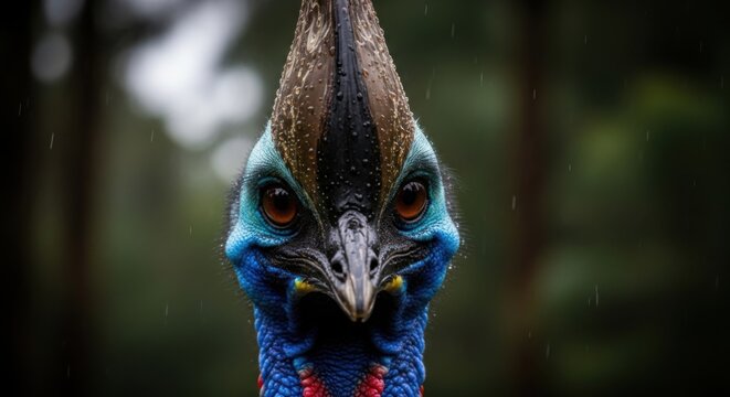 A detailed portrait of a southern cassowary in the rainforest