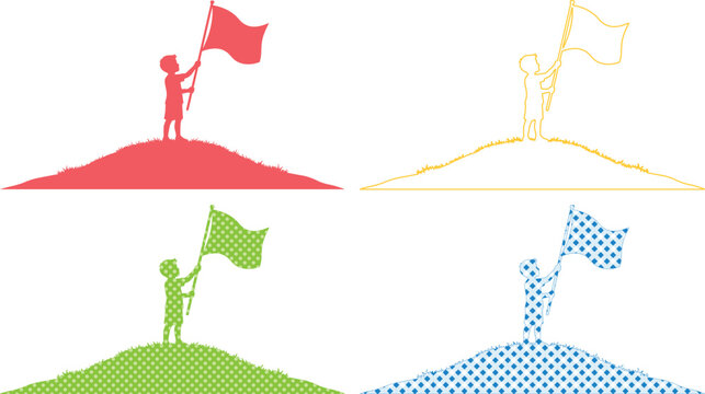 Achievement and success vector collection, a child's silhouette holding a flag on a hill, symbolizing victory and aspiration, a set of four graphic resources for goal-oriented concepts isolated