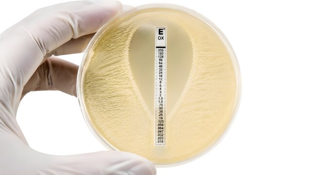 E-test Antibiotic Gradient Strip on Bacterial Culture Agar Plate in Microbiology Laboratory for determining minimum inhibitory concentration (MIC).