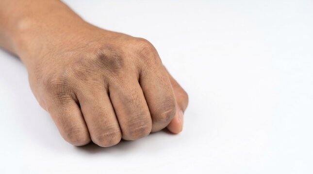 Close-up of a human hand clenched into a fist showing dark hyperpigmentation on the knuckles against a white background