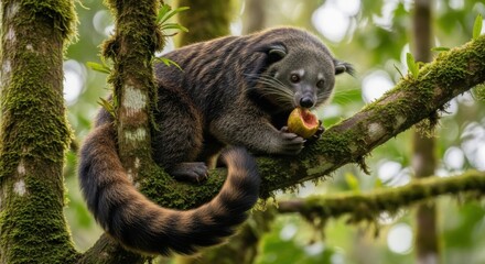 Fototapeta premium A furry binturong eating a fruit while perched in a mossy tree
