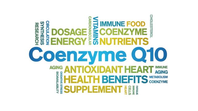 Coenzyme Q10 animated word cloud-CoQ10 text design animation tag kinetic typography seamless loop.