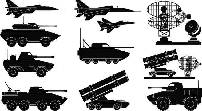 Modern Military Equipment Silhouette Set with Fighter Jets Radar Systems Missile Launchers Armored Vehicles Collection Isolated on White Background