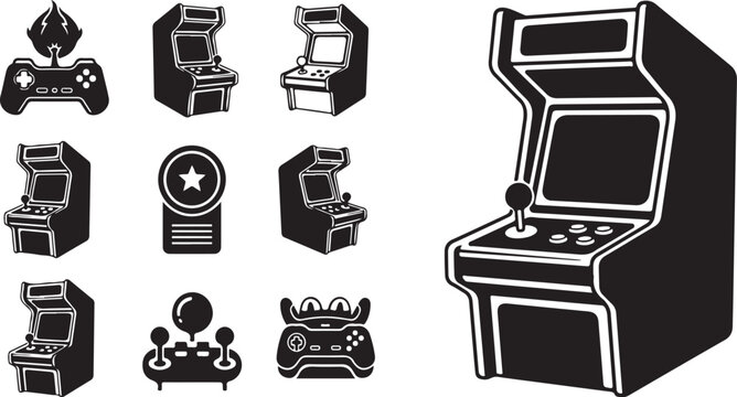 Retro arcade games and console icons set