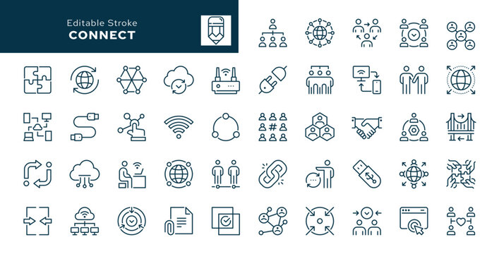 Connect outline icons set. Connection, network, link, join, cable, integration, connectivity, connecting, interaction and more. Line icon in linear style. Vector collection	
