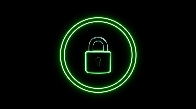 Secure digital lock symbol in bright green against a black background representing cybersecurity and data protection