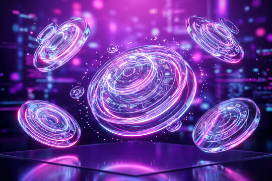 3D abstract floating holographic glass discs, neon purple pink gradient background, glossy transparent acrylic, futuristic cyber aesthetic, soft glow lighting, ultra detailed, octane render, 4K.