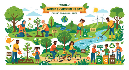 Obraz premium planting trees, environment care, sustainability, eco lifestyle, community activity, green earth, climate action, nature protection, teamwork, environmental awareness, save planet, people illustration