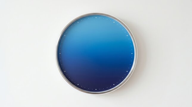 A round minimalist wall clock with silver frame features a blue gradient face with tiny dot markers and no hands, mounted on white wall.