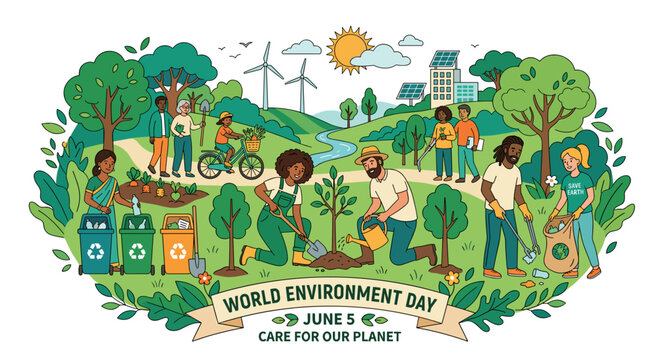 planting trees, environment care, sustainability, eco lifestyle, community activity, green earth, climate action, nature protection, teamwork, environmental awareness, save planet, people illustration