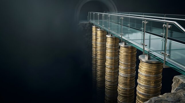 modern financial bridge supported by stacked coins representing stable retirement income investment growth and long term wealth foundation