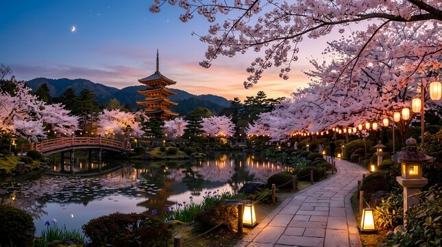 Beautiful Japanese garden at sunset with blooming cherry blossoms, traditional pagoda, and illuminated stone lanterns reflecting in a peaceful pond