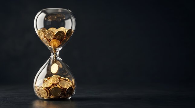 transparent hourglass filled with flowing coins symbolizing time value of money retirement investing and long term wealth accumulation