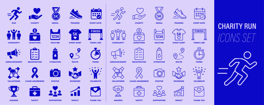 Charity run icon set with marathon events, fundraising, donations, community support and awareness campaign concepts in monochrome blue style