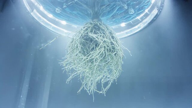 Close-up view of plant roots suspended in water under bright lights, showcasing the intricate details and textures of the root system in a laboratory setting