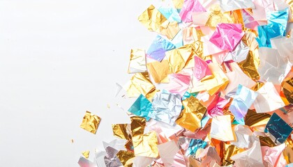 Fototapeta premium Explosion of rainbow metallic foil confetti, studio light. center frame, soft lighting, close up ,pure white background. high resolution, hyper-realistic 