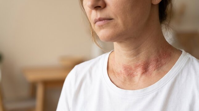 Close-up of a woman with red inflamed skin rash and dermatitis on her neck area