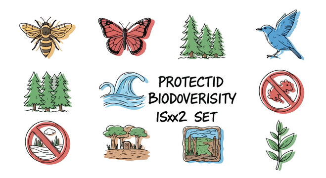 Biodiversity protection vector set, hand drawn ecology icons for environment conservation, nature sustainability elements with animals and trees