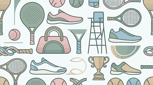 Tennis and Padel Sports Equipment Seamless Pattern with Rackets, Balls, Sneakers, and Trophy in Pastel Colors