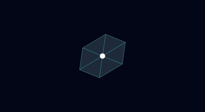 Futuristic HUD element with rotating 3D wireframe hexagon, high-tech user interface motion graphic, digital blue data visualization overlay