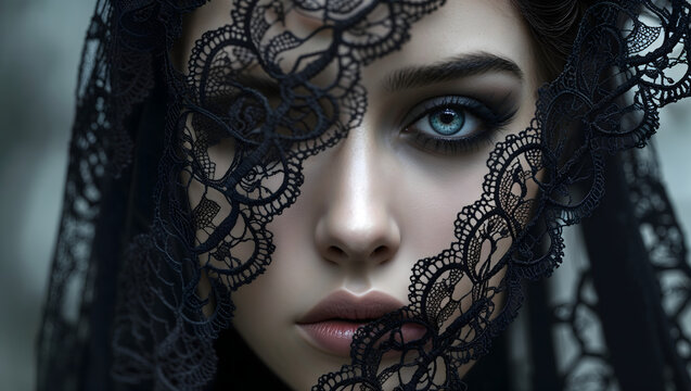 Woman face partially covered black lace mourning veil eyes black rimmed sharp intricate lace patterns photorealistic high contrast focus texture cinematic classical elegant, generative AI