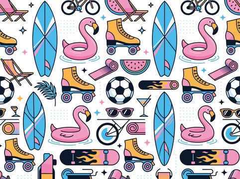 Summer Vacation Activities Pattern with Retro Roller Skates, Flamingo Floatie, Surfboard, and Skateboard Icons. Flat Vector Illustration for Seasonal Background.