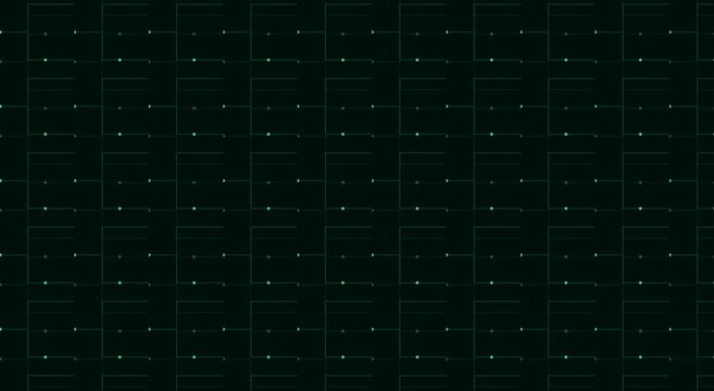Futuristic digital grid background, dark green cyber interface with glowing data points, high-tech geometric pattern for motion graphics
