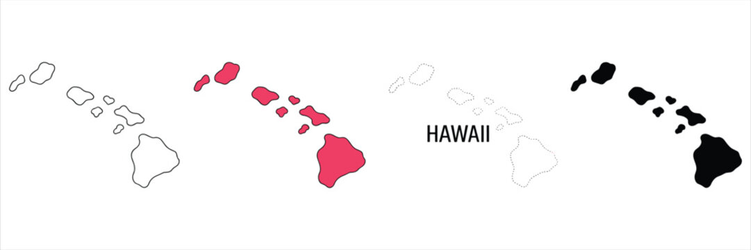 Four variations of hawaii island chain maps, outline, pink, dotted, and solid black