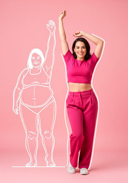 Woman celebrates body transformation with outline of previous self on pink background