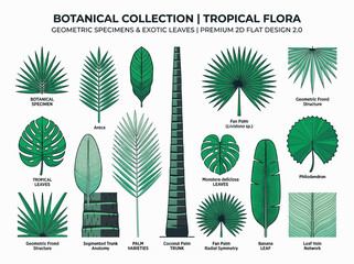 Tropical Botanical Collection of Exotic Geometric Leaves and Palm Specimen Illustrations in Flat Design Style © Giman