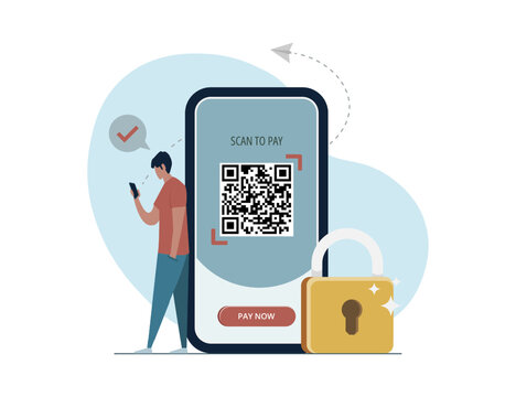 Cashless and digital payment concept using QR codes to initiate transactions via smartphone.
