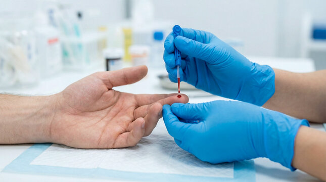 Medical professional in blue gloves collects blood sample from patient's fingertip for testing