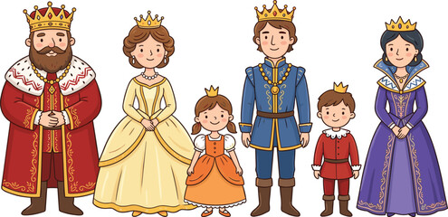 Royal Family Character Set with King, Queen, Princess, Prince, and Children in Regal Costumes for Storytelling and Illustrations.
