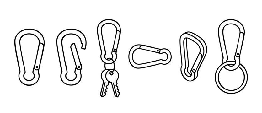 Carabiner clip set vector icons, climbing hook and keychain hardware for industrial or mountaineering equipment, simple black outline illustration isolated on white background, design elements for out