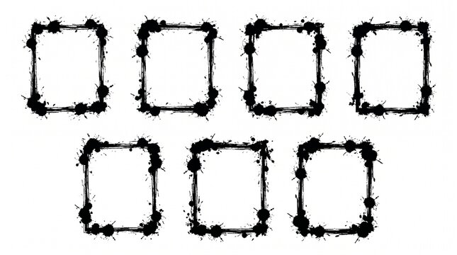 Seven rectangular frames with rough black splatter borders on white backgrounds, arranged in two rows, symbolizing artistic texture, contrast, and layout versatility in modern grunge design.